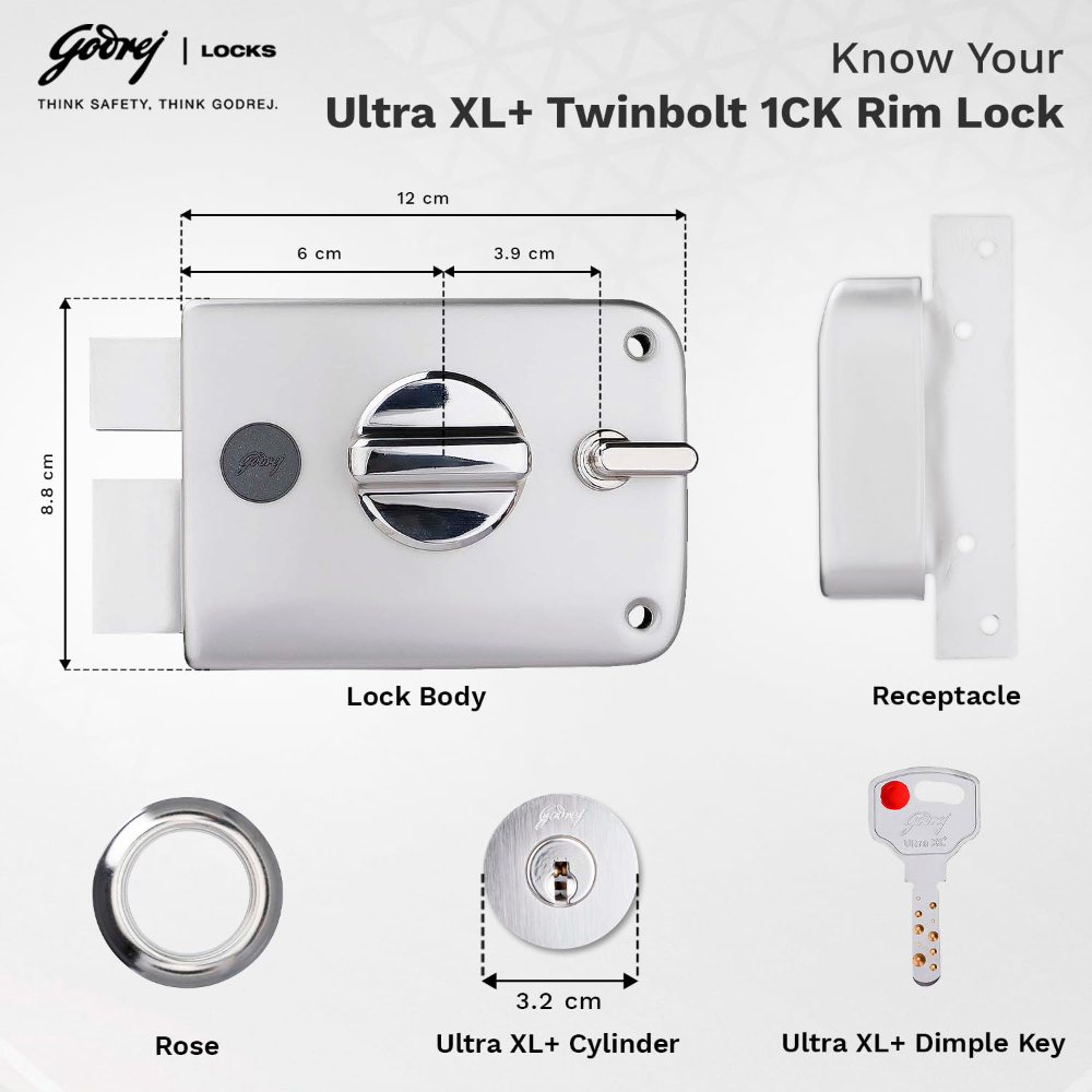 Godrej Rim Lock I Twinbolt Ultra XL plus I 1CK Deadbolt I for Inside Opening Door I LeftorRight Handed Doors I 4 Keys I 5-Year Warranty I Manual Locking l Satin Nickel Finish